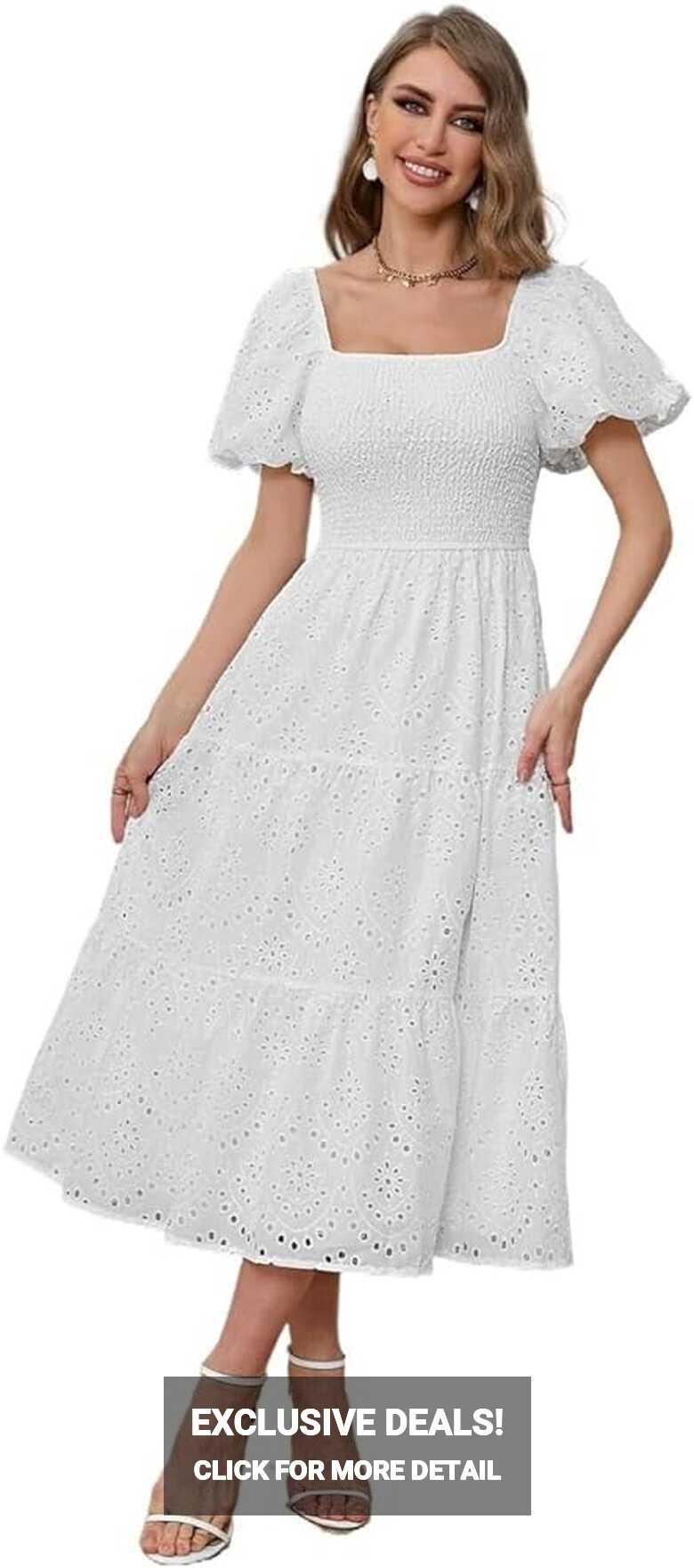 Summer Women&#39;s White Dress Square Neck Puff Sleeve Ruffle Hem Long ...