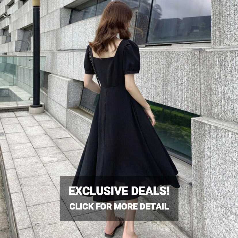 Summer Womens Elegant Black Square Neck Short Puff Sleeves Slim ...