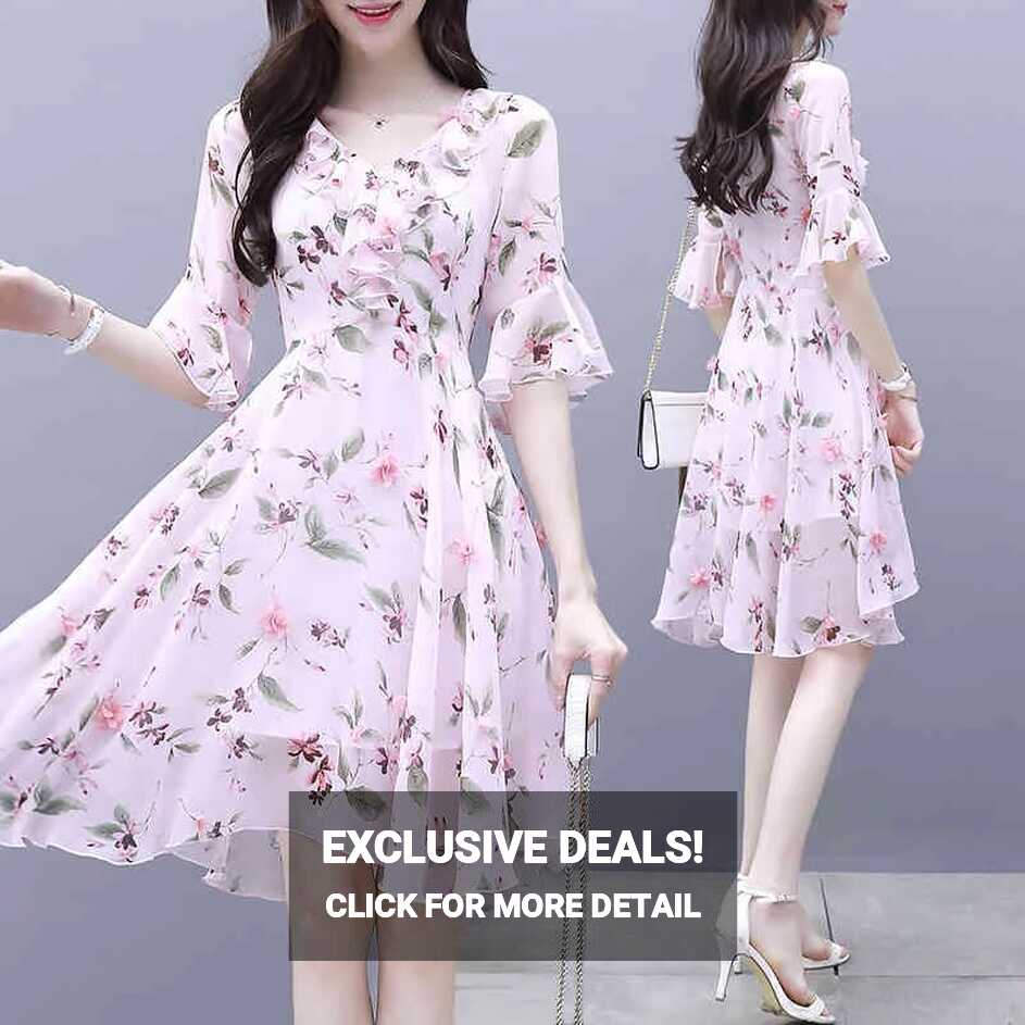 Summer Womens Korean Fashion V Neck Pink Chiffon Floral Dress ...