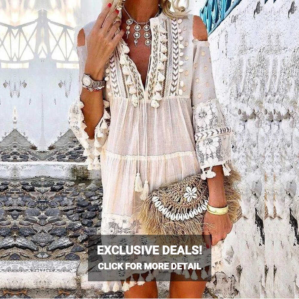 Summer tassel boho dress women v Neck seven sleeve loose short ...