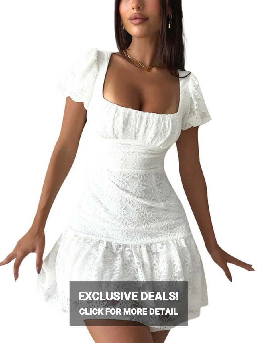 Sunisery White Graduation Mini Dress for Women 2023 Lace Ruffle A ...