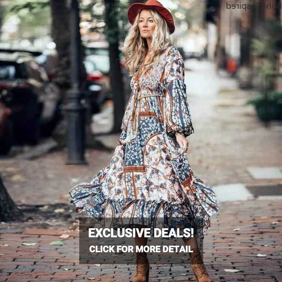 Super CHic long boho dress Spring summer dress long sleeve V-neck ...