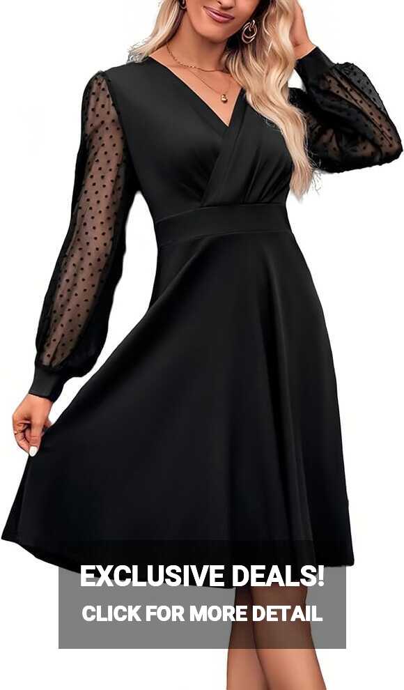 Surplice Sheer Swiss Dot Long Sleeve Dress for Women Knee Length ...