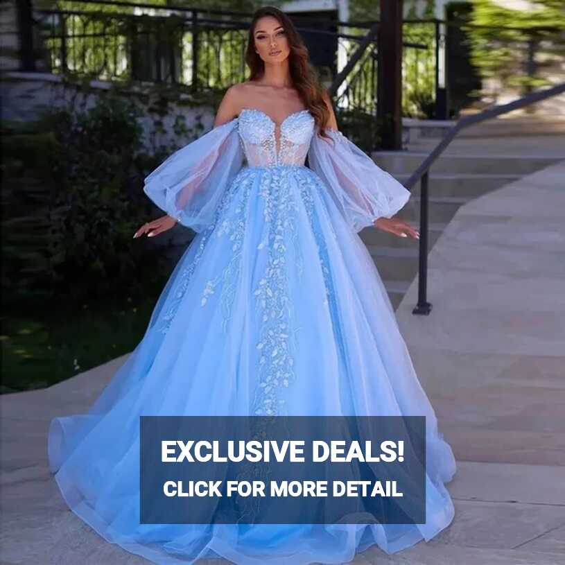 Sweet Blue Lace Prom Dresses 2023 Off The Shoulder Puffy Long ...