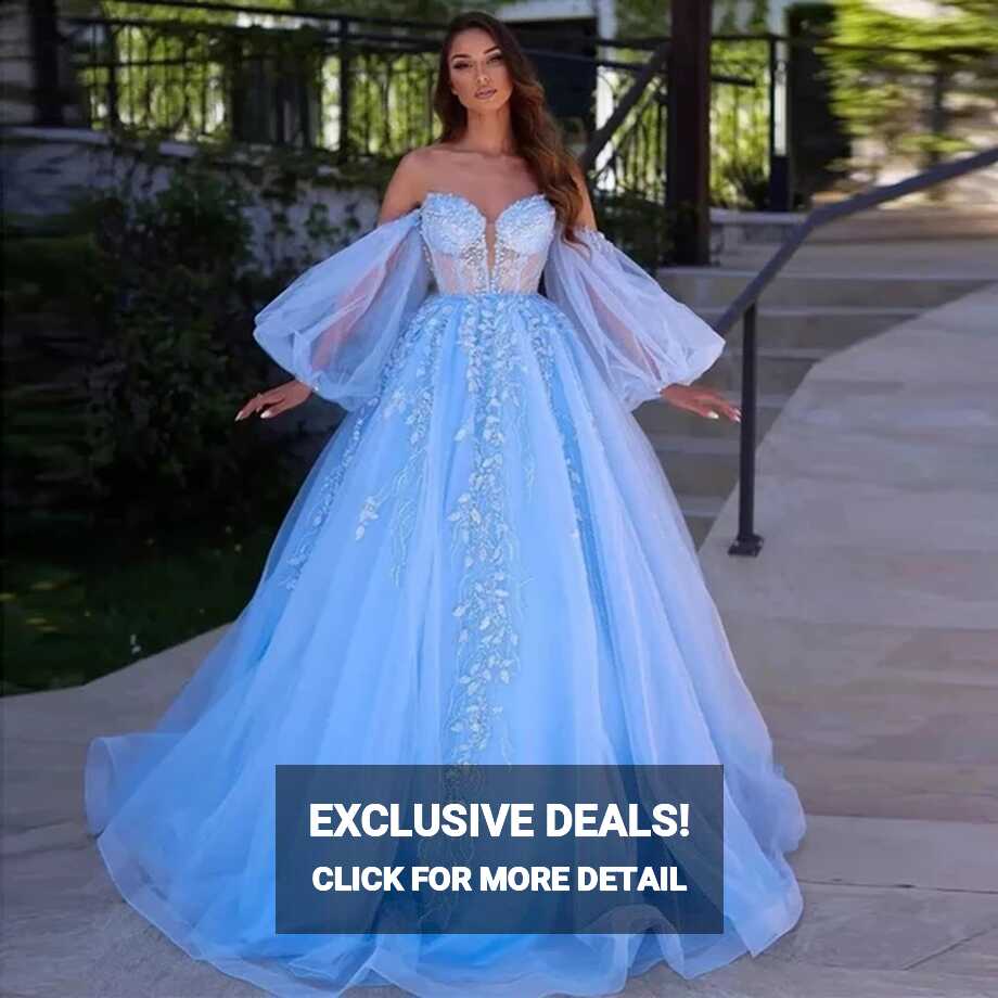 Sweet Blue Lace Prom Dresses Off The Shoulder Puffy Long Sleeves ...