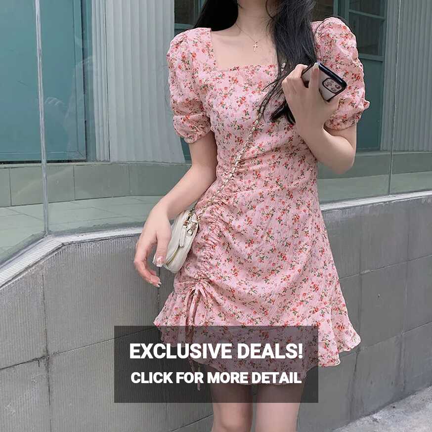 Sweet Cute floral dress chic design korean style square neck short ...