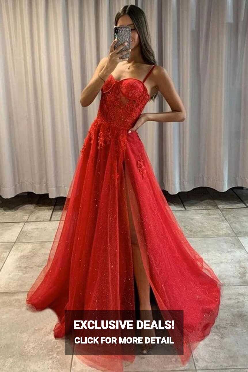 Sweetheart A-line Red Lace Sparkly Tulle Prom Dresses Formal ...