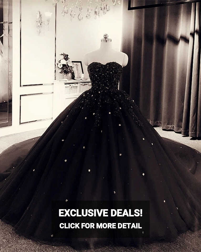 Sweetheart Ball Gown Crystals Black Prom Dresses Beaded ...