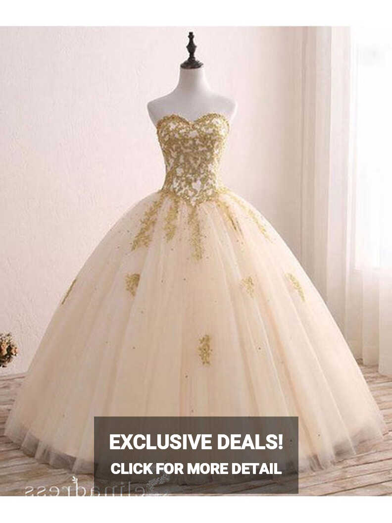 Sweetheart Ball Gown Princess Long Prom Dresses Gold Formal Gowns ...