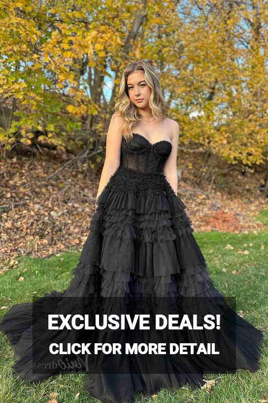 Sweetheart Black Ruffle Prom Dress Tiered Tulle Wedding Dresses ...