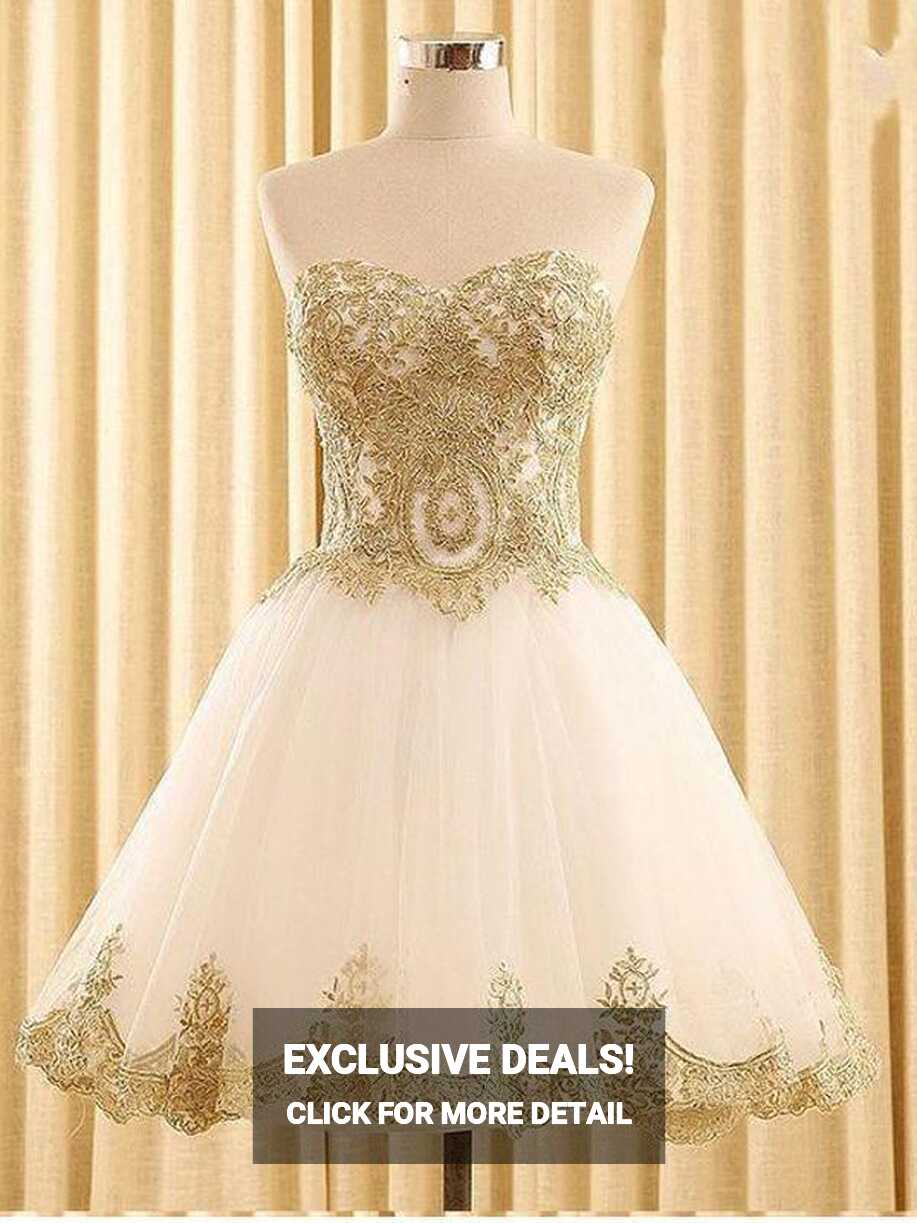 Sweetheart Gold Lace White Tulle Short Cheap Homecoming Dresses ...