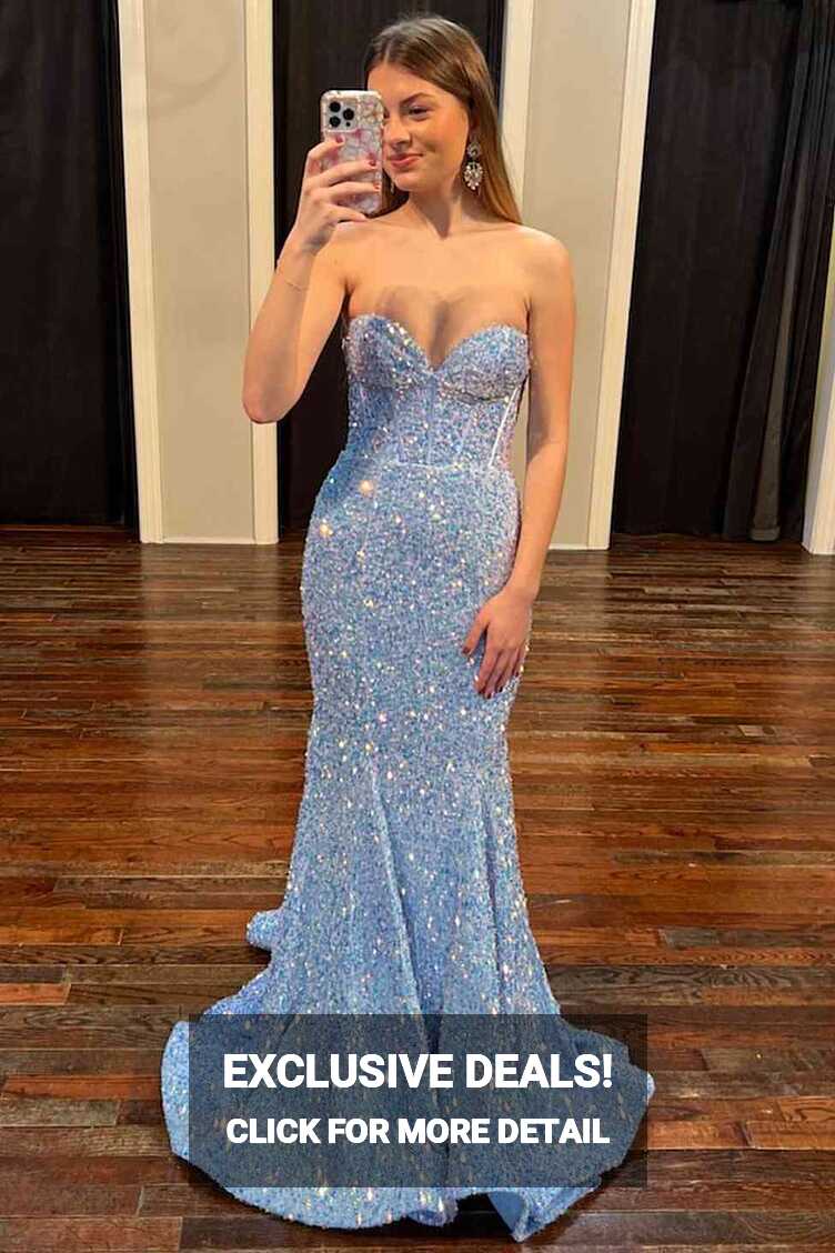 Sweetheart Mermaid Light Blue Sequin Long Prom Dress | KissProm