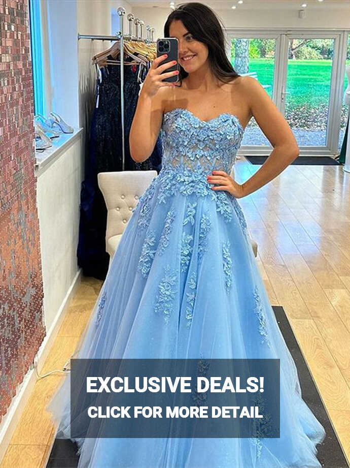 Sweetheart Neck Light Blue Lace Prom Dresses Long, Light Blue Long ...