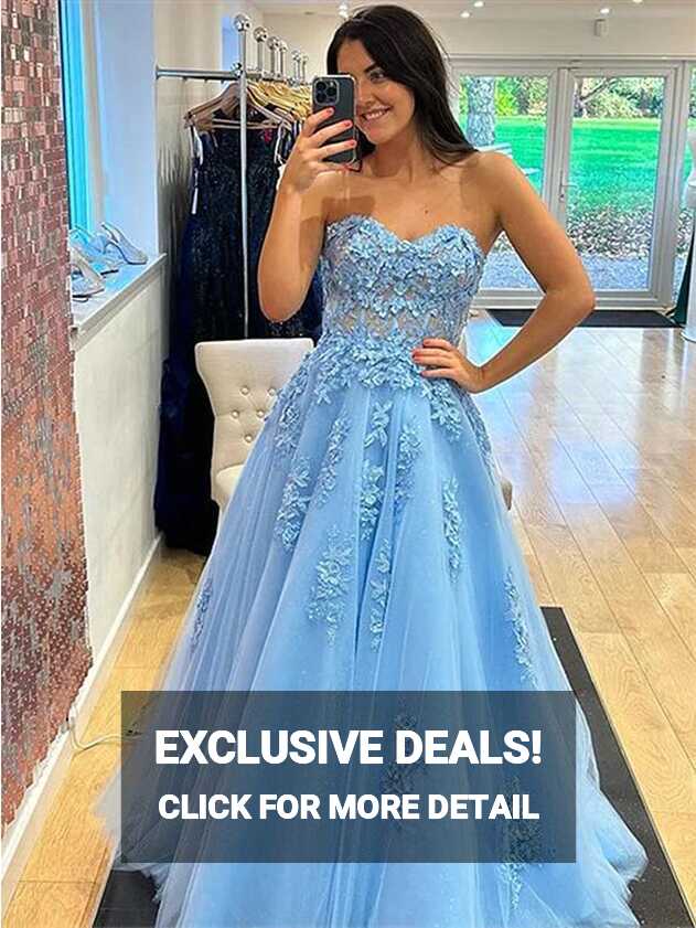 Sweetheart Neck Light Blue Long Lace Prom Dress Evening Dress ...