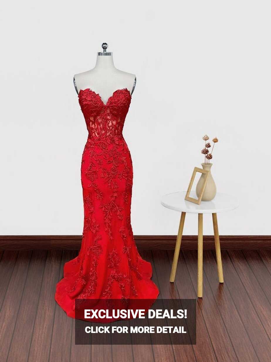 Sweetheart Neck Red Lace Mermaid Long Prom Dresses, Red Lace ...