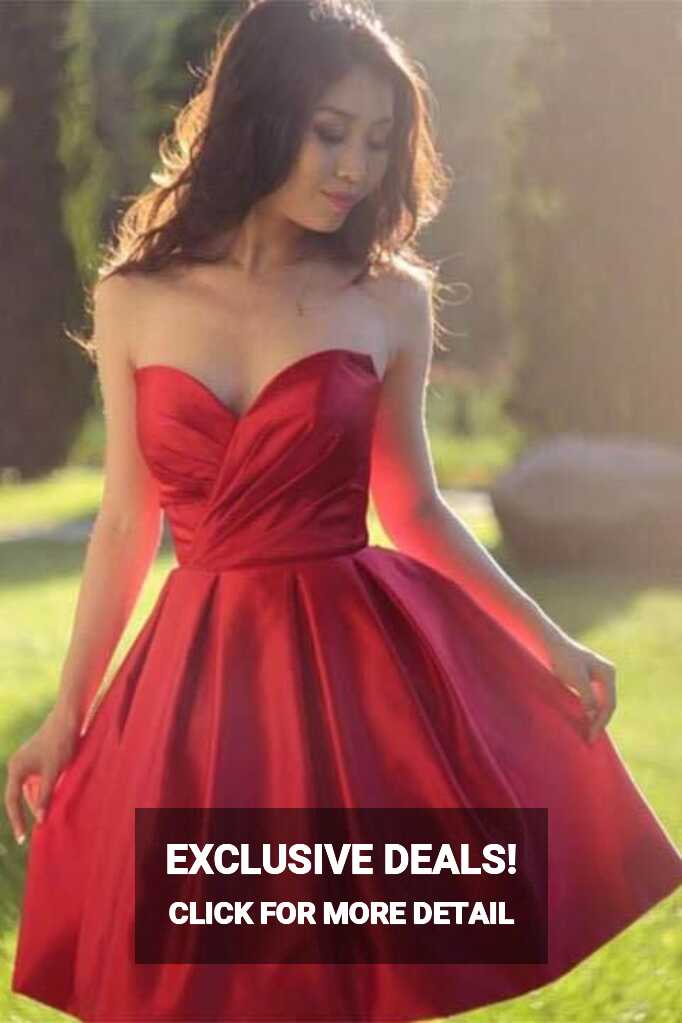 Sweetheart Simple Pleated Red Strapless Satin Party Dresses Short ...