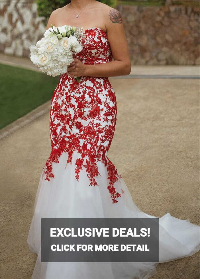 Sweetheart Sleeveless White-Red Lace Appliques Mermaid Wedding ...