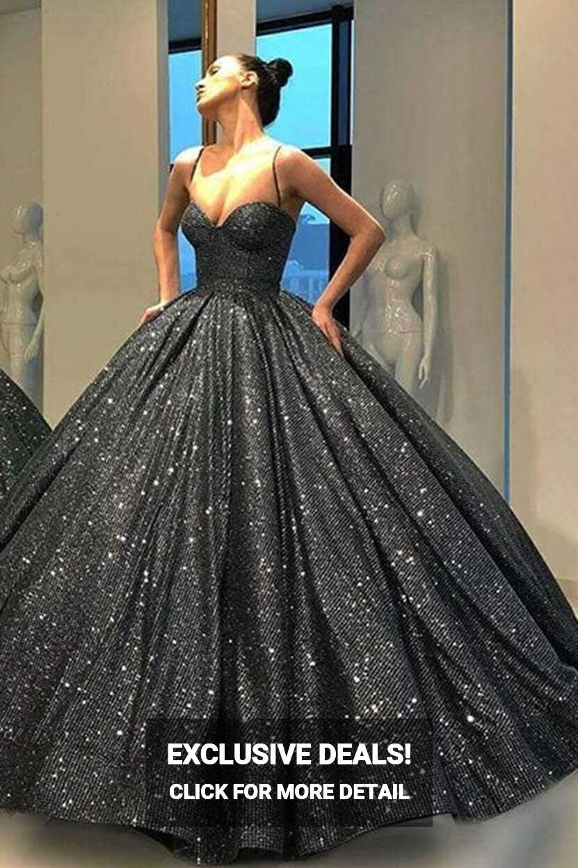 Sweetheart Spaghetti Straps Sequins Ball Gown Black Sparkly Prom Dress