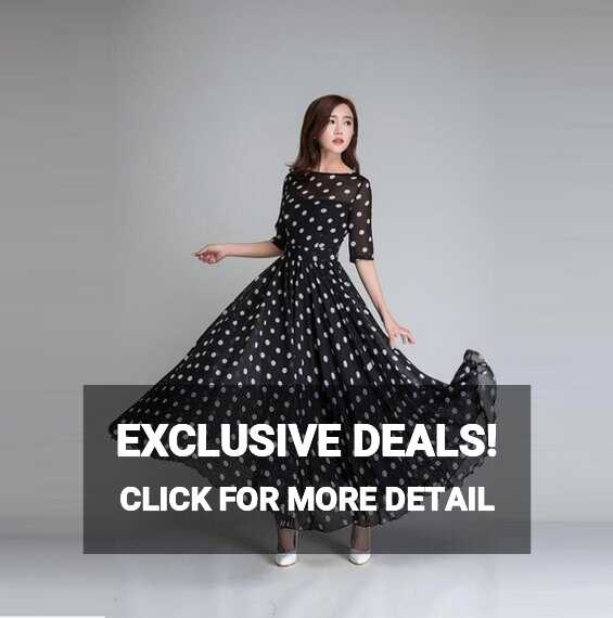 Swing Chiffon Long Maxi Dress With Sleeve, Polka Dot Maxi Chiffon ...