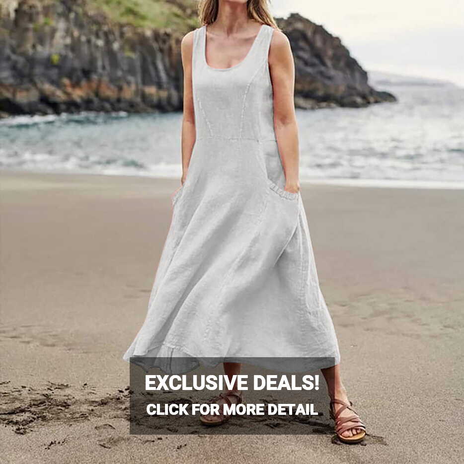 TQWQT Summer Beach Dress for Women Casual Cotton Linen Tank Dress ...