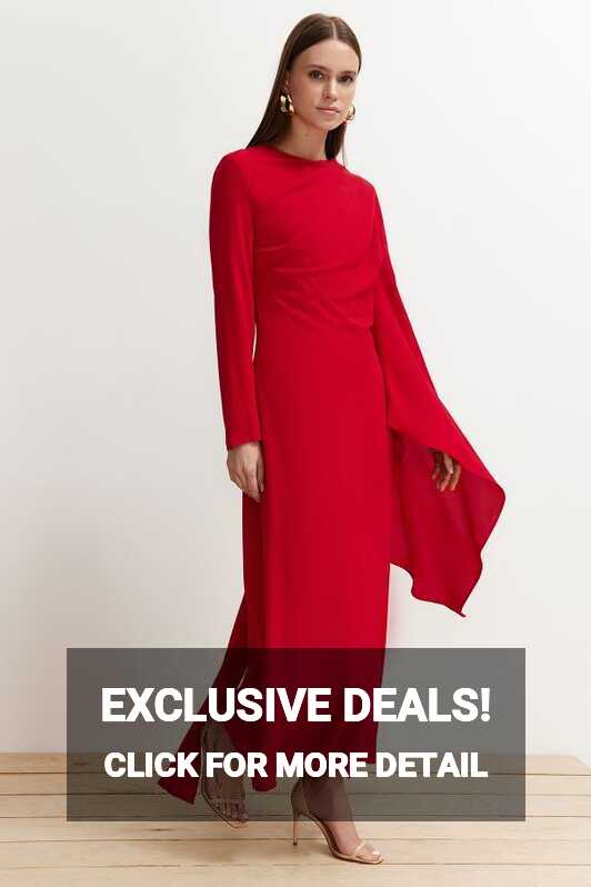 TRENDYOL MODEST Red Evening Dress with Shawl Detail ...