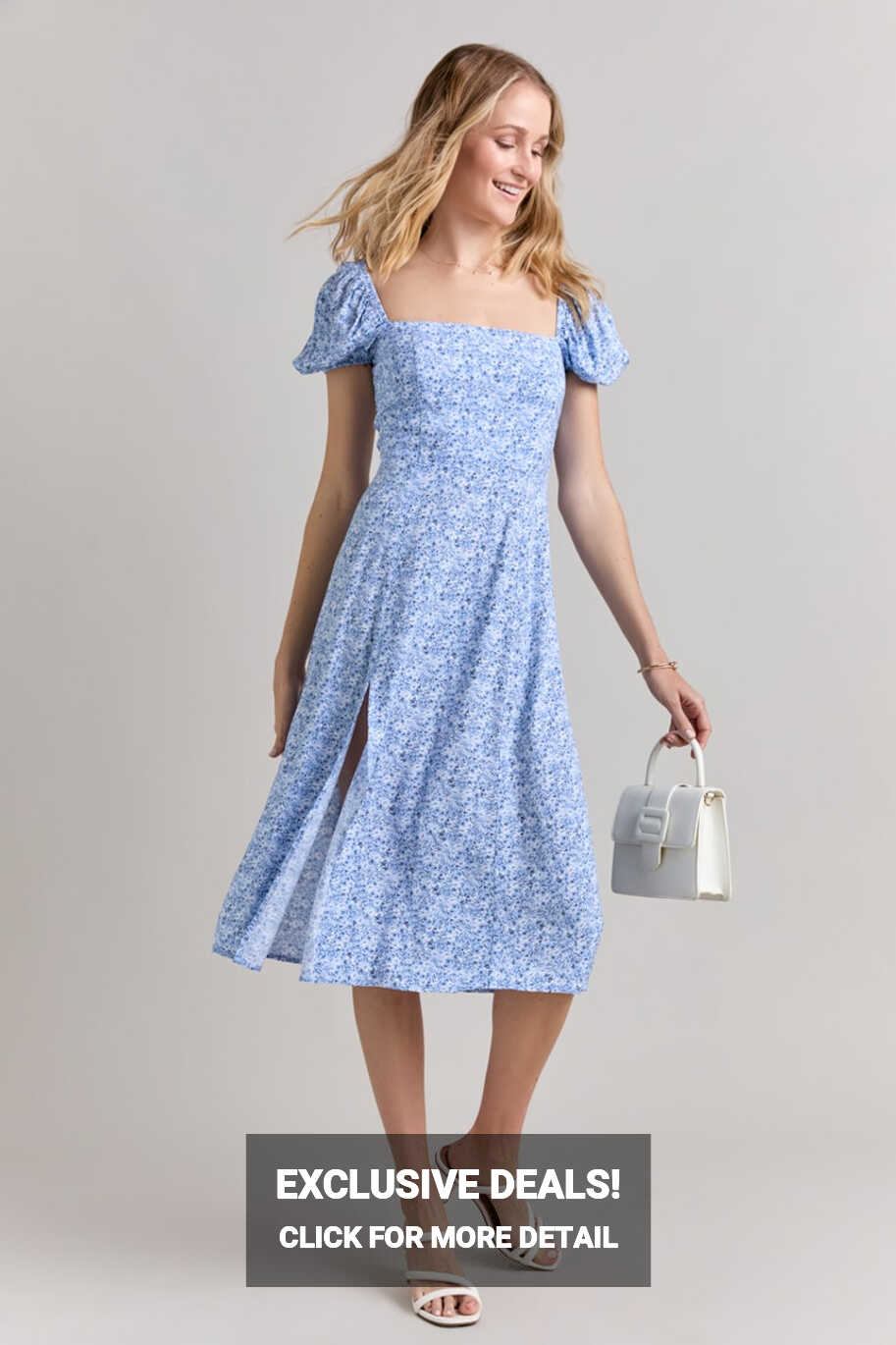 Tabitha Floral Puff Sleeve Light Blue Midi Dress