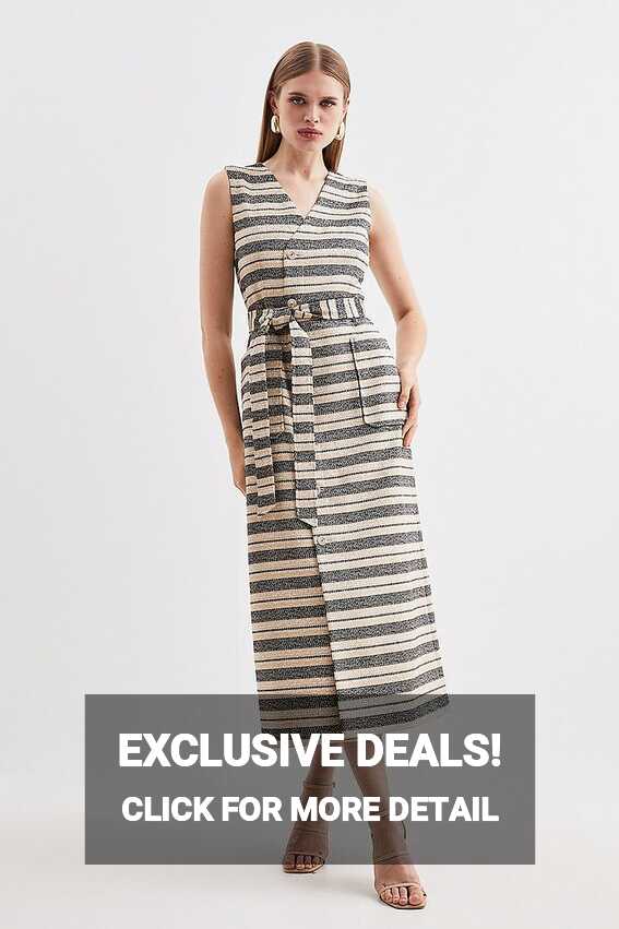 Tailored Striped Tweed Belted Sleeveless Midi Dress | Karen Millen