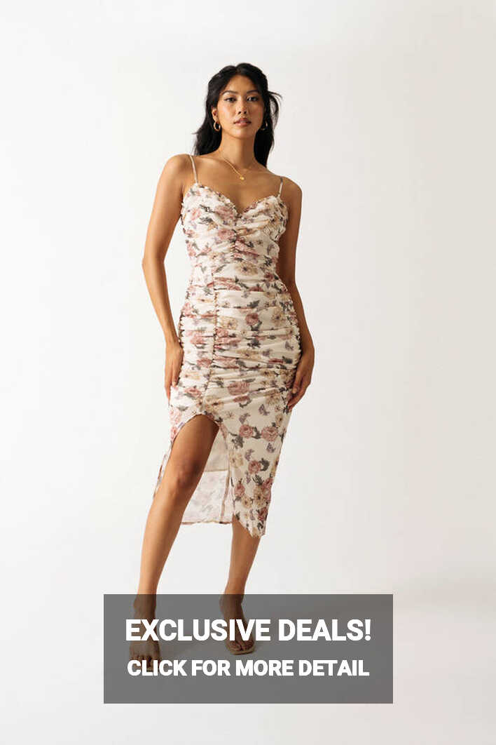 Take My Breath Floral Ruched Midi Dress - Ivory Multi - $135 | Tobi US