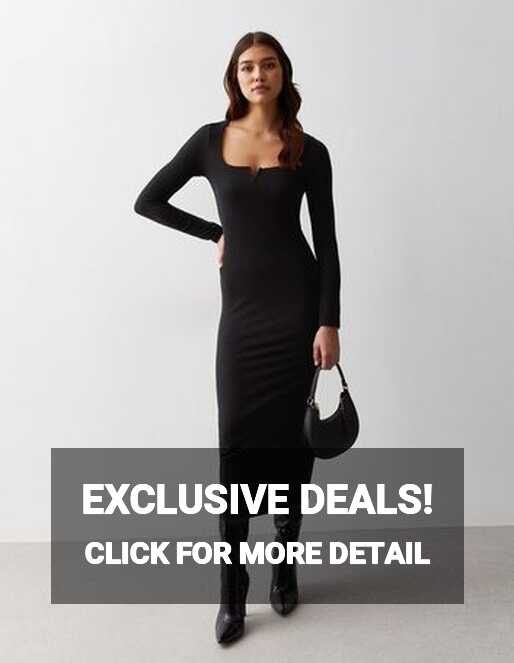 Tall Black Ribbed V Neck Long Sleeve Midi Dress | New Look