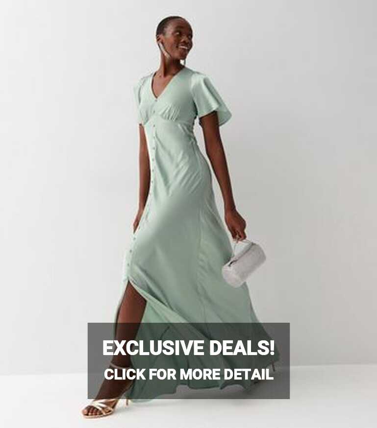 Tall Light Green Satin Short Sleeve Button Front Maxi Dress | New Look