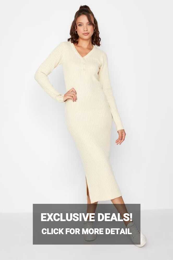 Tall Women&#39;s Cream Ribbed Long Sleeve Midi Dress | Long Tall Sally