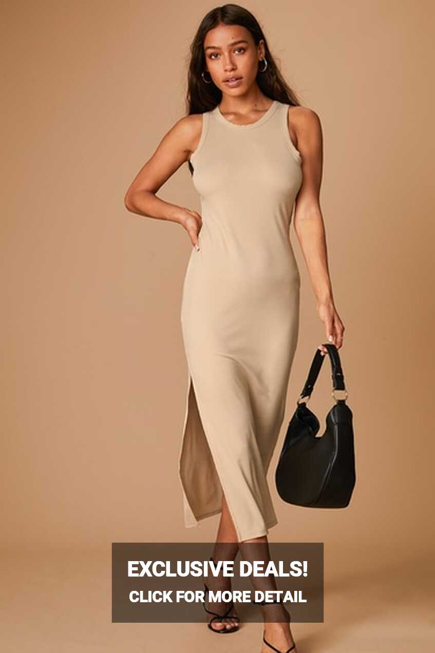 Tan Sleeveless Dress - Ribbed Midi Dress - Casual Tank Dress - Lulus