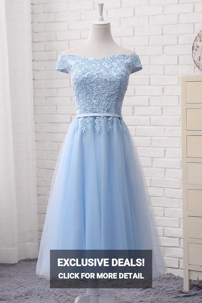 Tea Length Light Blue Semi Formal Dress Wedding Party Dress on Luulla