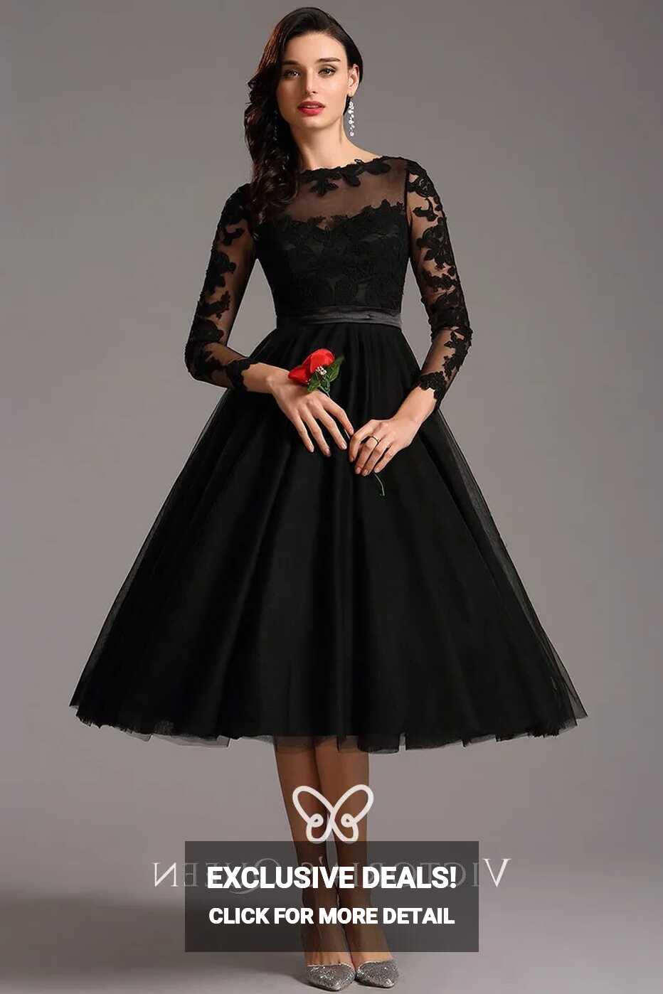 Tea-length Long Sleeve Black Cocktail Evening Dress - VQ