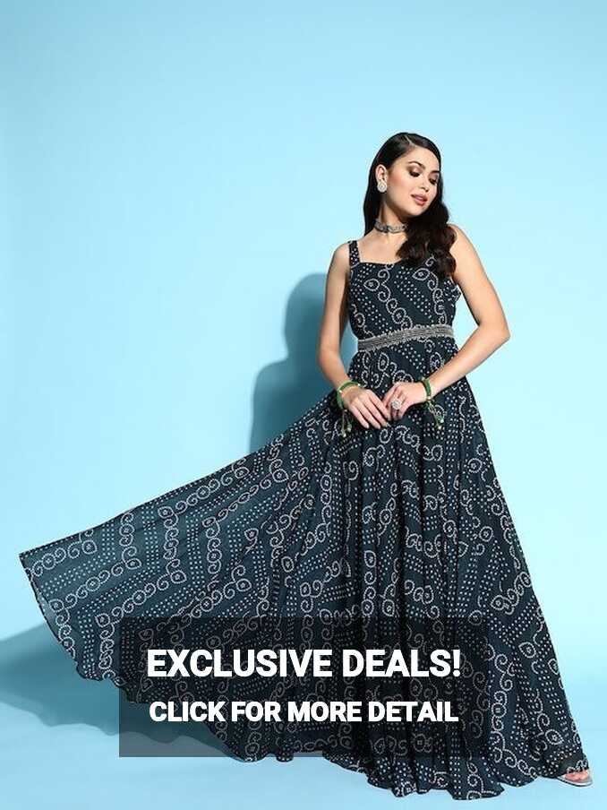 Teal Georgette Bandhani Printed Gown with Belt– Inddus.in