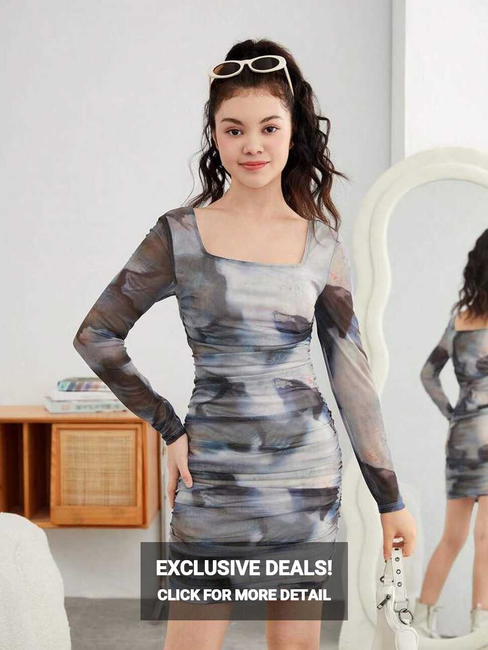 Teen Girl Tie Dye Ruched Mesh Bodycon Dress | SHEIN USA