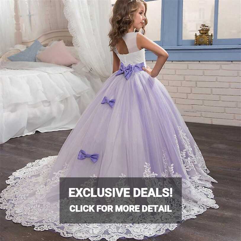 Teen Girls Bow Gown For Wedding Kids Girl Evening Prom Dress Lace ...