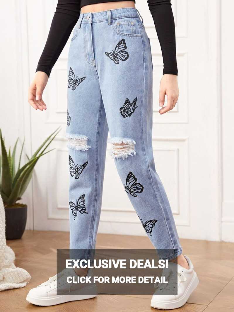 Teen Girls Butterfly Print Ripped Jeans