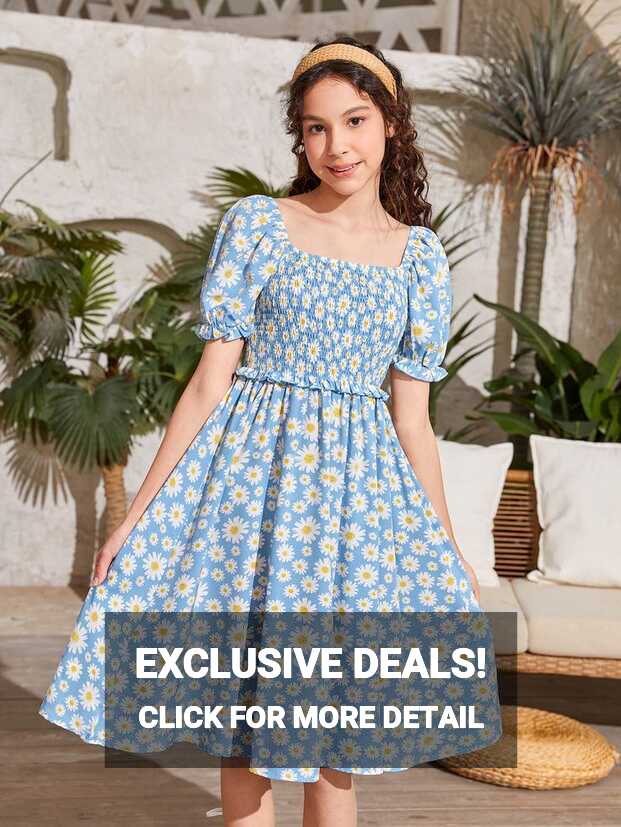 Teen Girls Daisy Floral Print Square Neck Puff Sleeve Frill Trim Dress