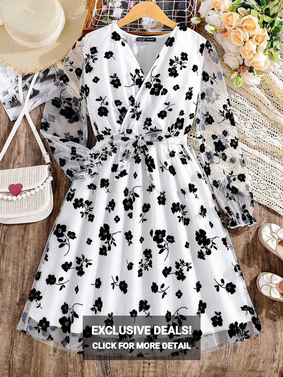 Teen Girls Floral Print Flounce Sleeve Mesh Overlap Collar Dress