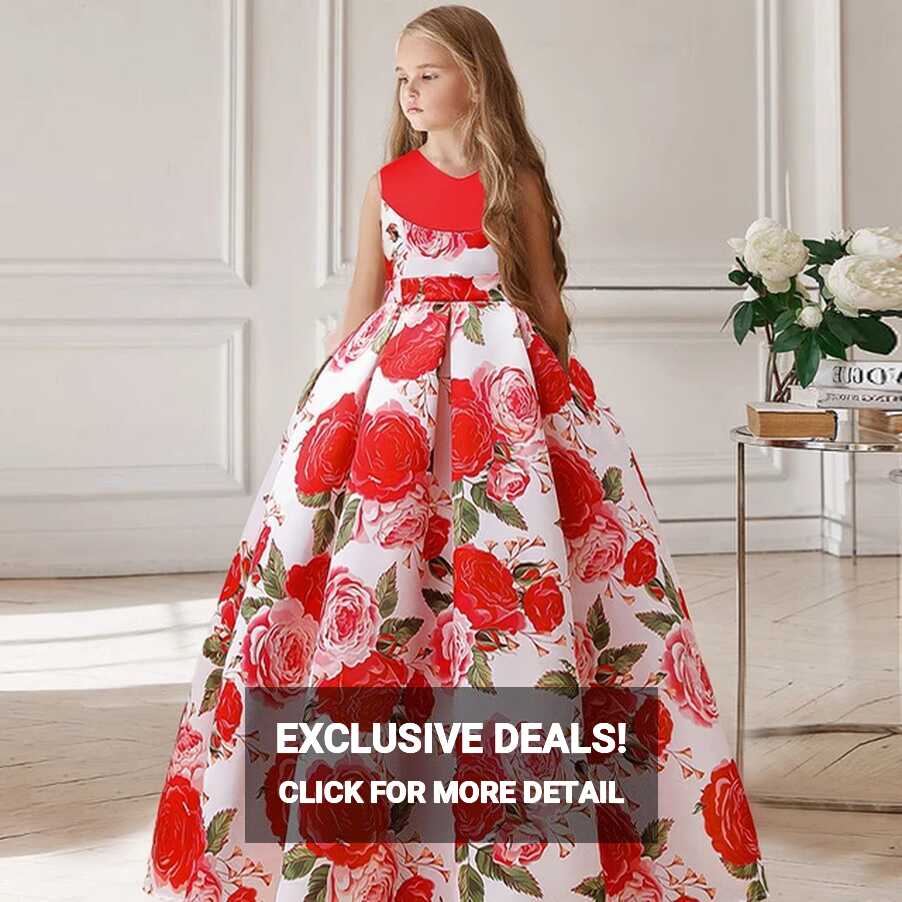 Teenage Girls Dress Rose Print Flowers Children Clothing Party ...