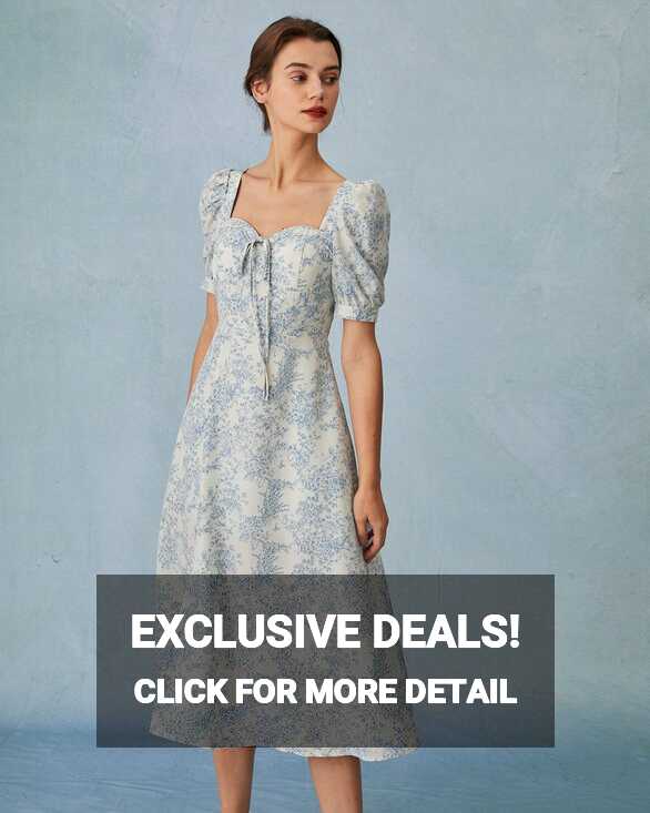 The Blue Sweetheart Neck Puff Sleeve Floral Midi Dress - High ...