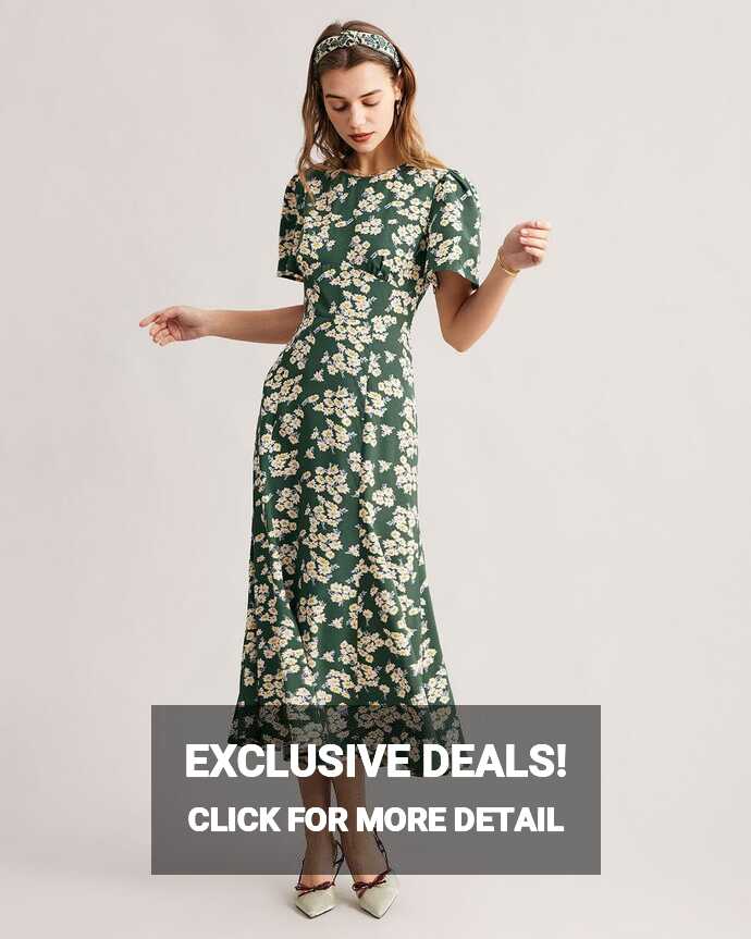 The Green Round Neck Short Sleeve Floral Midi Dress - Round Neck ...