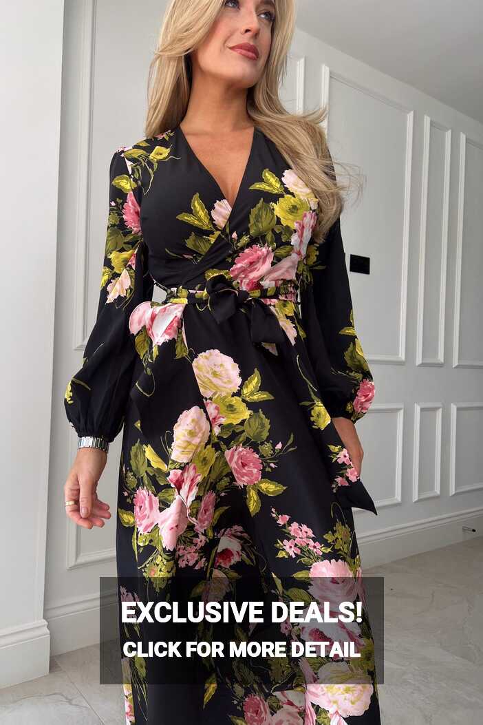 Thea Long Sleeve Wrap Midi Dress Black Floral – Girl In Mind