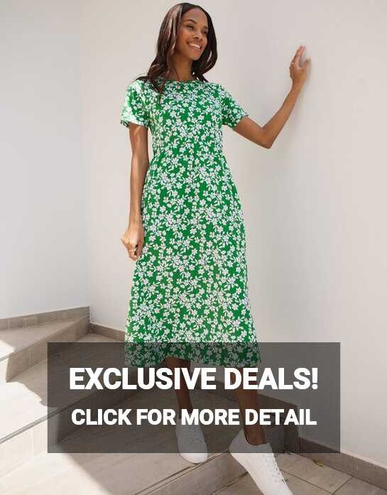 Threadbare Women&#39;s Green Floral Jersey Midi Smock Dress