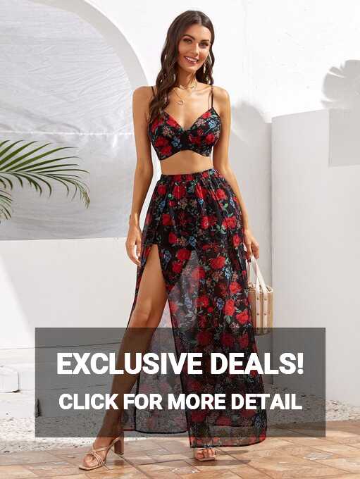 Tie Back Cami Top &amp; High Split Floral Skirt Set