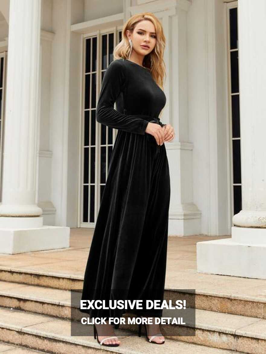 Tie Front Round Neck Long Sleeve Maxi Dress - Flyclothing LLC