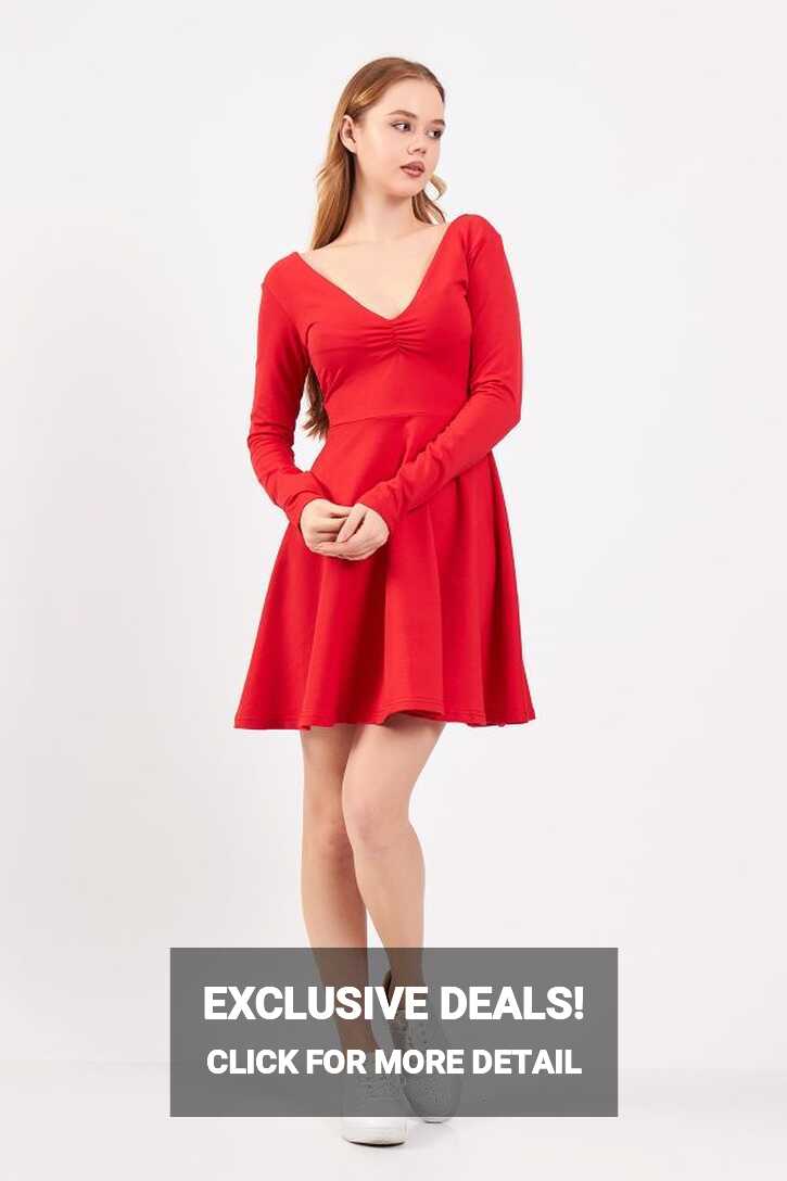 Timbre Long Sleeve Short Red Christmas Dress Cotton Fabric V-Neck ...