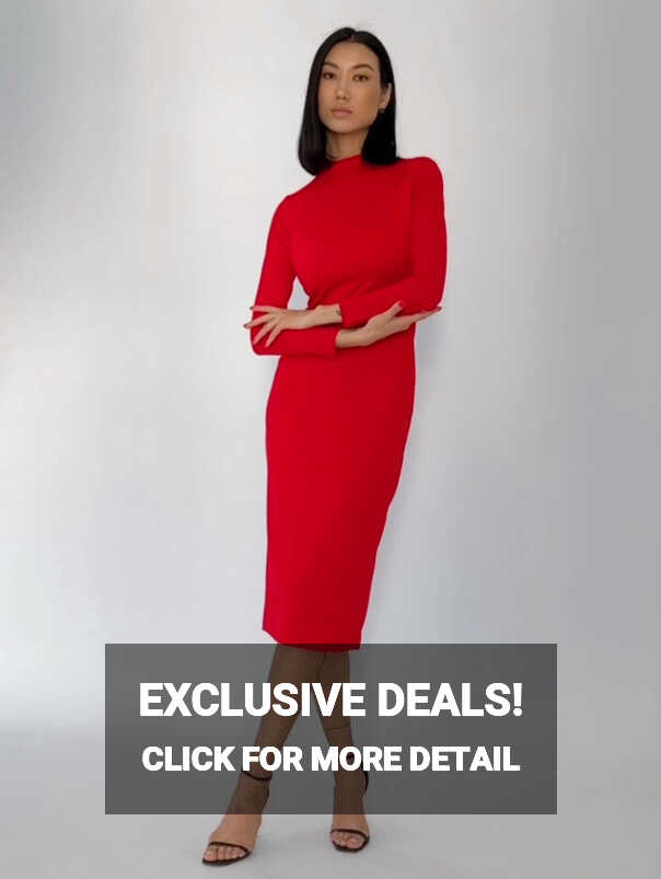 Timeless elegant long sleeve midi dress red