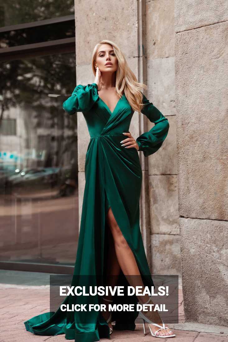 Tina Holly Couture Designer TK305 Emerald Green Silky Long Sleeved For